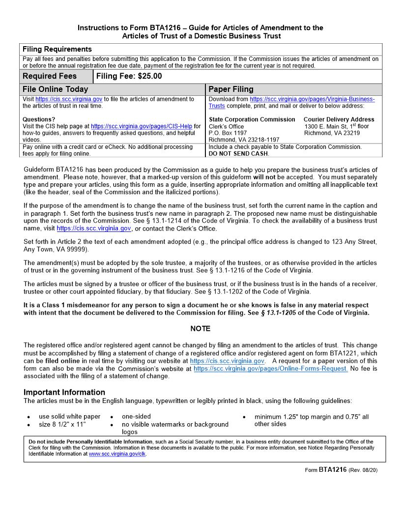 Guide For Articles Of Amendment To Articles Of Trust Of Domestic Business Trust {BTA1216} | Pdf Fpdf Doc Docx | Virginia