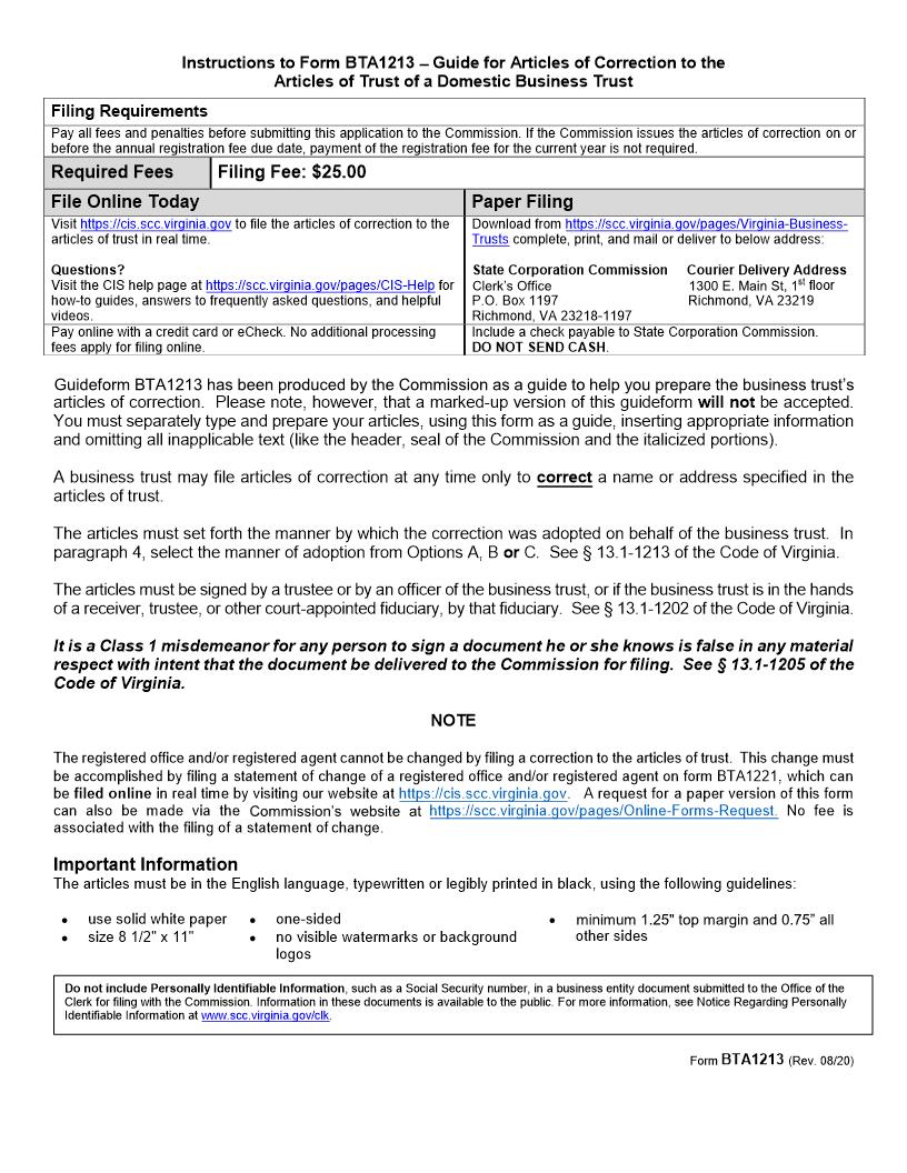 Guide For Articles Of Correction To The Articles Of Trust Of A Domestic Business Trust {BTA1213} | Pdf Fpdf Doc Docx | Virginia