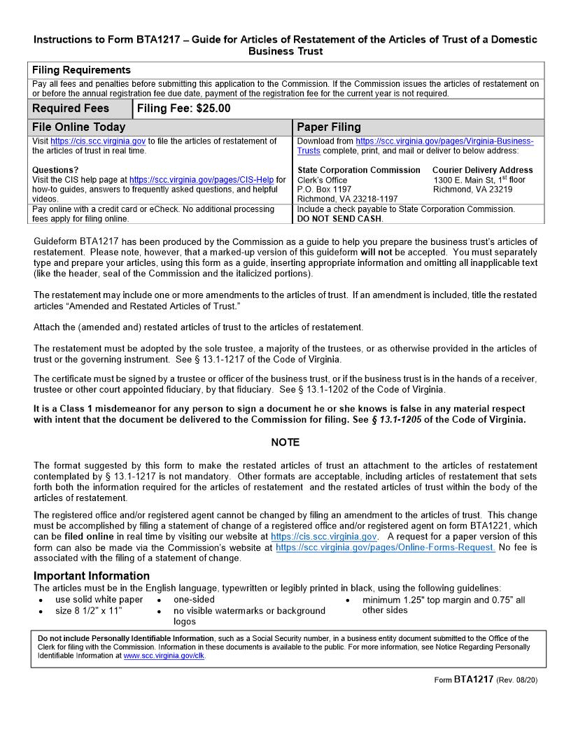 Guide For Articles Of Restatement The Articles Of Trust Of A Domestic Business Trust {BTA1217} | Pdf Fpdf Doc Docx | Virginia