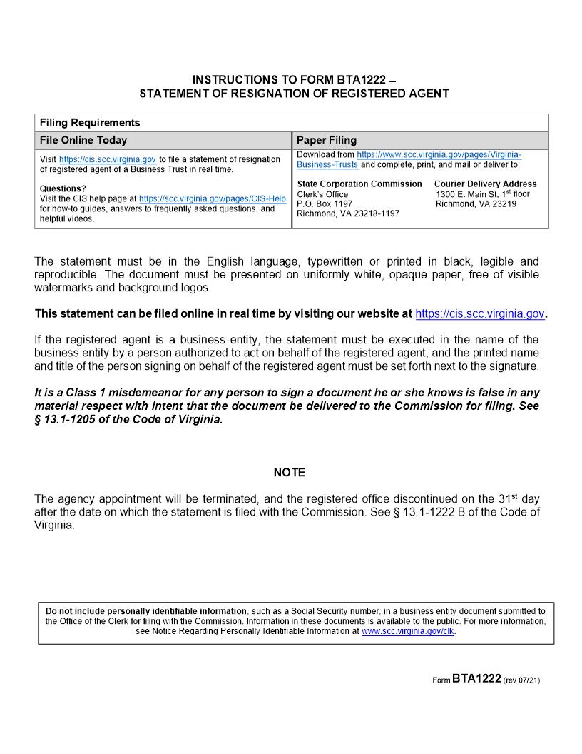 Statement Of Resignation Of Registered Agent Of A Business Trust {BTA1222} | Pdf Fpdf Doc Docx | Virginia