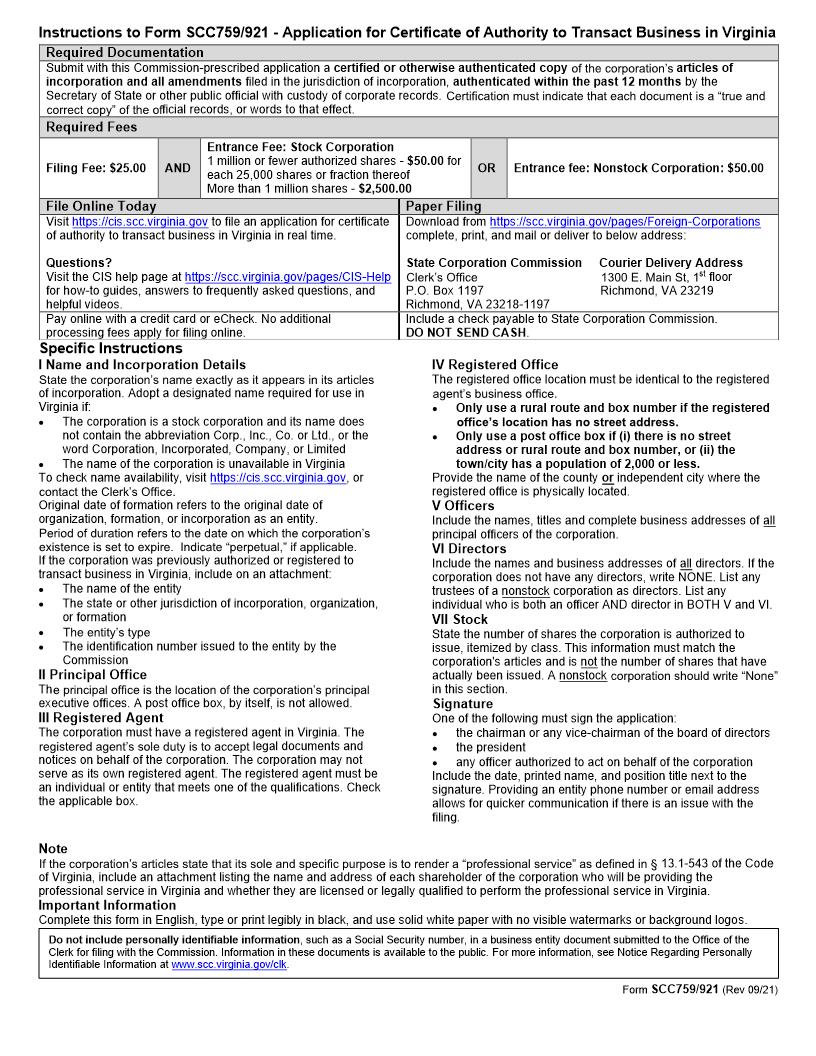 Application For A Certificate Of Authority To Transact Business In Virginia {SCC759-921} | Pdf Fpdf Doc Docx | Virginia