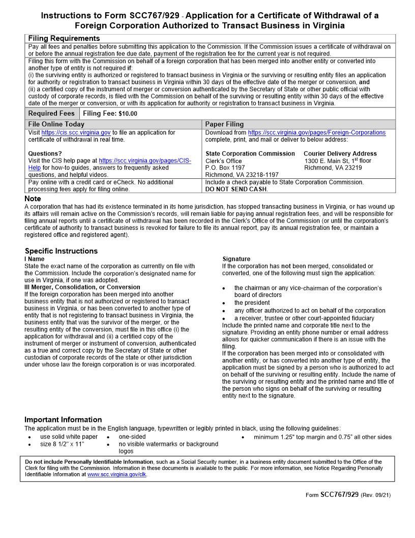 Application For A Certificate Of Withdrawal Of A Foreign Corporation{SCC767-929} | Pdf Fpdf Docx | Virginia