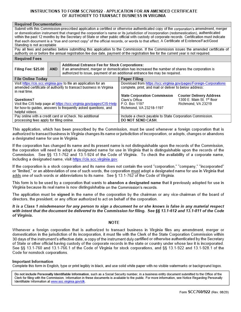 Application For An Amended Certificate Of Authority To Transact Business In Virginia {SCC760-922} | Pdf Fpdf Doc Docx | Virginia