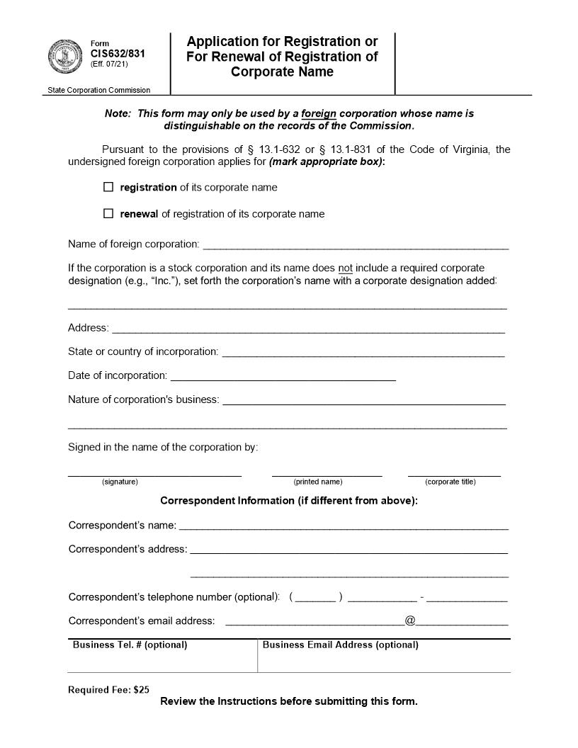 Application For Registration Or For Renewal Of Reservation Of Corporate Name (Foreign) {SCC632-831} | Pdf Fpdf Doc Docx | Virginia