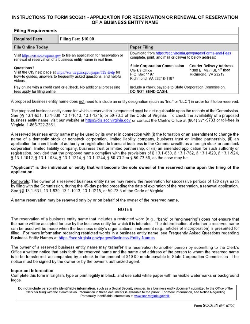 Application For Reservation Or Renewal Of Reservation Of Business Entity Name {SCC631} | Pdf Fpdf Doc Docx | Virginia