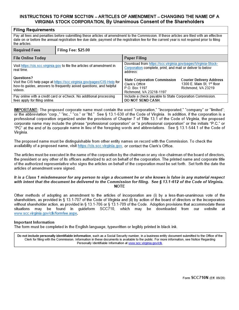 Articles Of Amendment Changing The Name Of A Corporation By Unanimous Consent Of The Shareholders {SCC710N} | Pdf Fpdf Doc Docx | Virginia