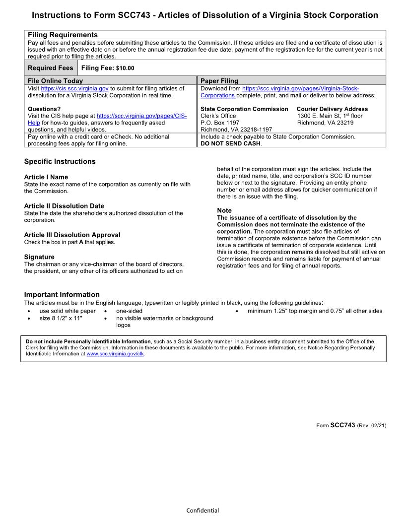 Articles Of Dissolution Stock Corporation {SCC743} | Pdf Fpdf Doc Docx | Virginia