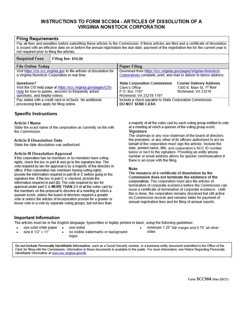 Articles Of Dissolution-Nonstock Corporation {SCC904} | Pdf Fpdf Doc Docx | Virginia