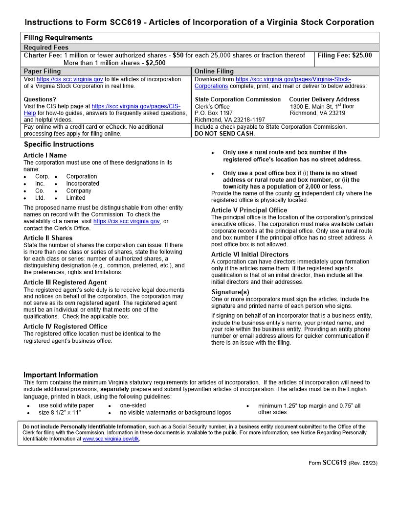Articles Of Incorporation Of A Virginia Stock Corporation {SCC619} | Pdf Fpdf Doc Docx | Virginia