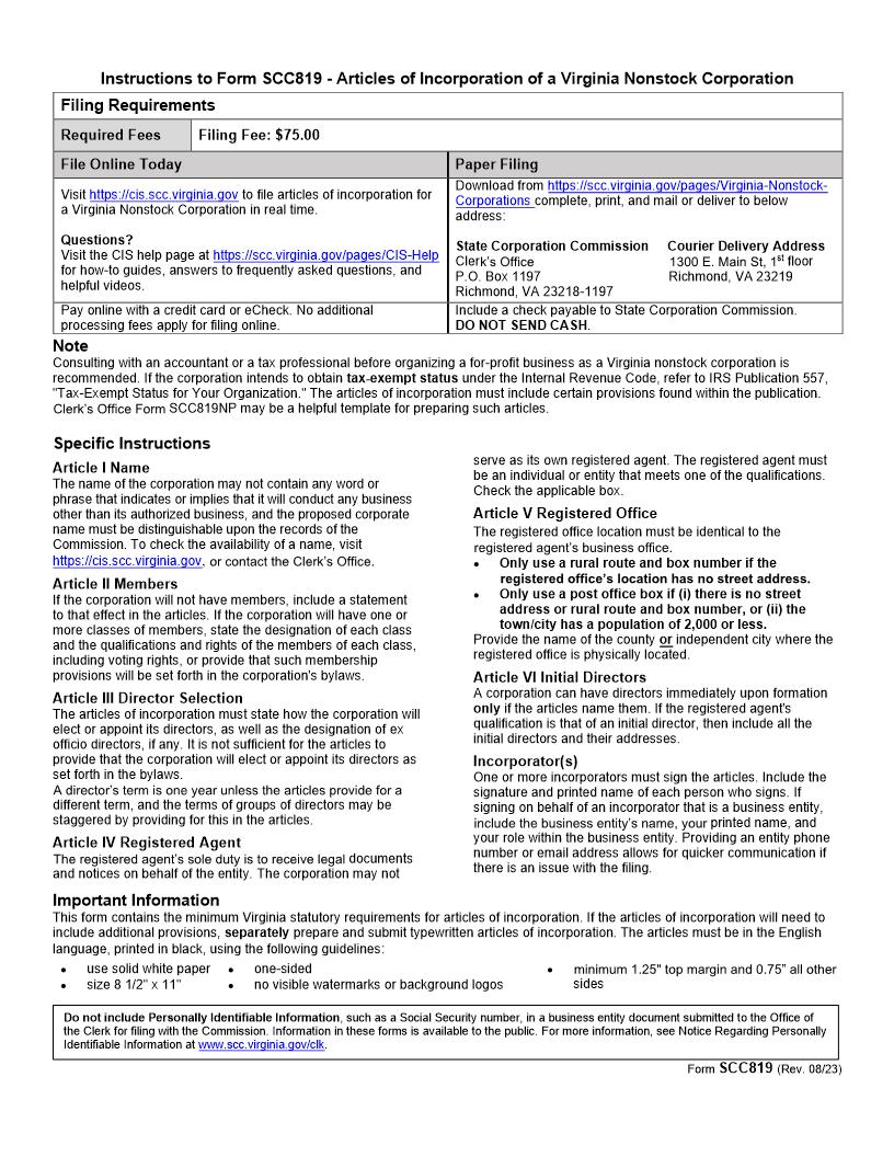Articles Of Incorporation Virginia Nonstock Corporation {SCC819} | Pdf Fpdf Doc Docx | Virginia