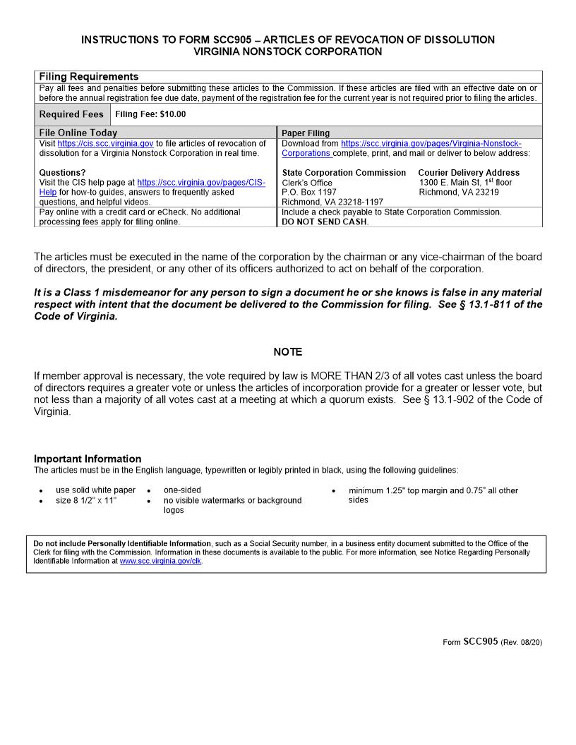 Articles Of Revocation Of Dissolution Nonstock Corporation {SCC905} | Pdf Fpdf Doc Docx | Virginia