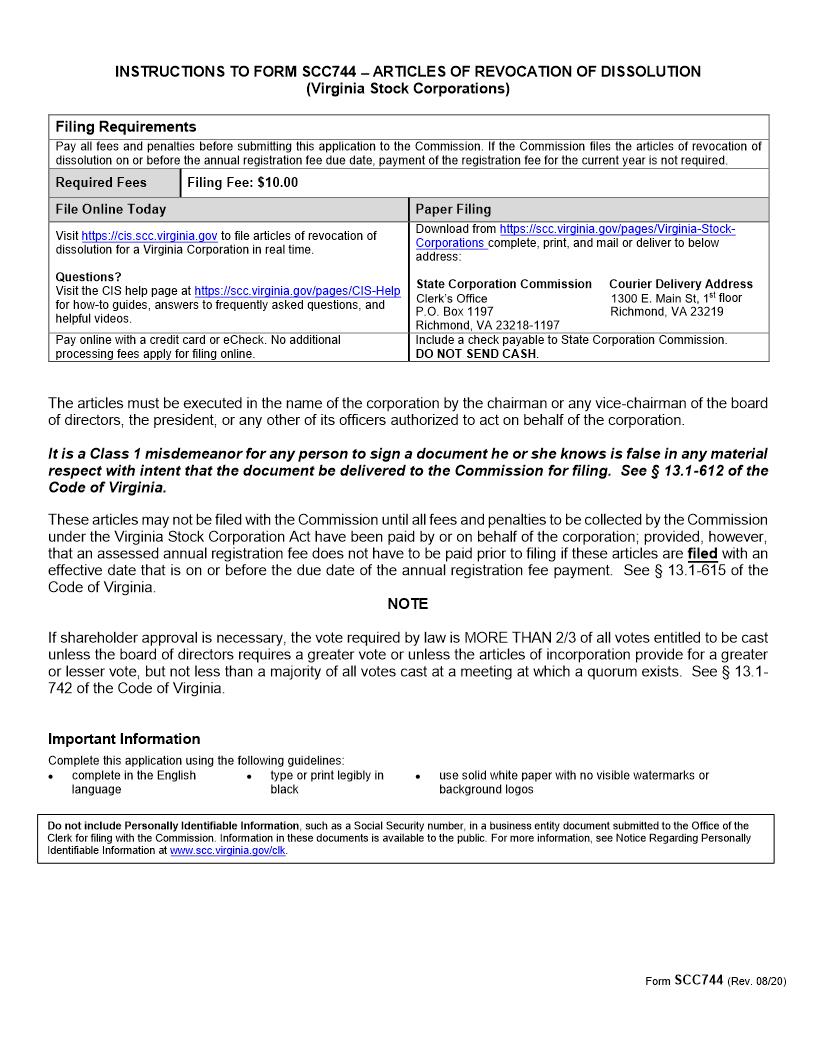 Articles Of Revocation Of Dissolution Stock Corporation {SCC744} | Pdf Fpdf Doc Docx | Virginia