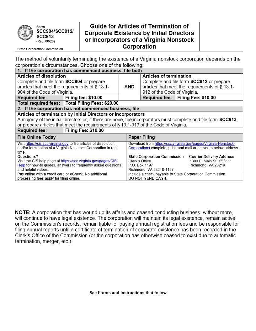 Articles Of Termination Of Corporate Existence By Initial Directors Or Incorporators Nonstock Corporation {SCC913} | Pdf Fpdf Doc Docx | Virginia