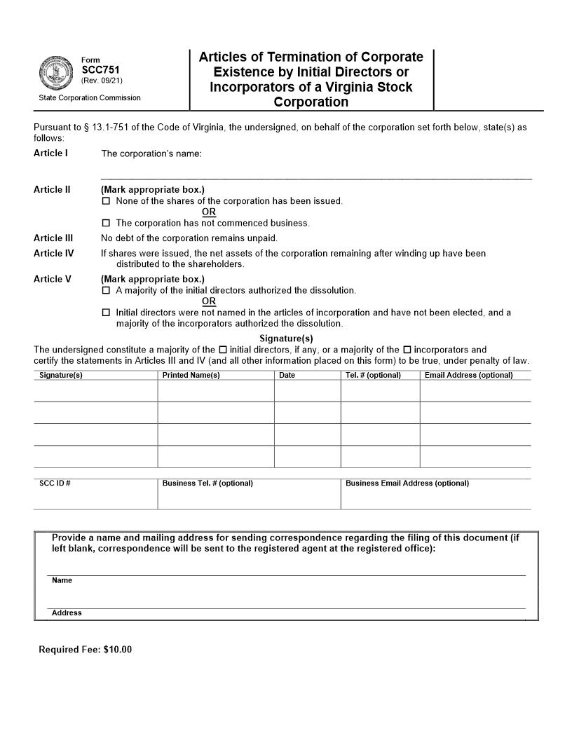 Articles Of Termination Of Corporate Existence By Initial Directors Or Incorporators Stock Corporation {SCC751} | Pdf Fpdf Doc Docx | Virginia