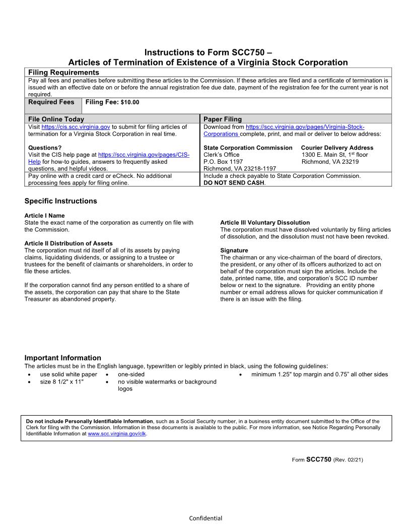 Articles Of Termination Of Corporate Existence Stock Corporation {SCC750} | Pdf Fpdf Doc Docx | Virginia