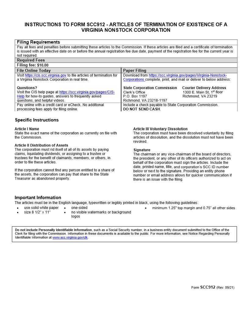 Articles Of Termination Of Corporate Existence-Nonstock Corporation {SCC912} | Pdf Fpdf Doc Docx | Virginia