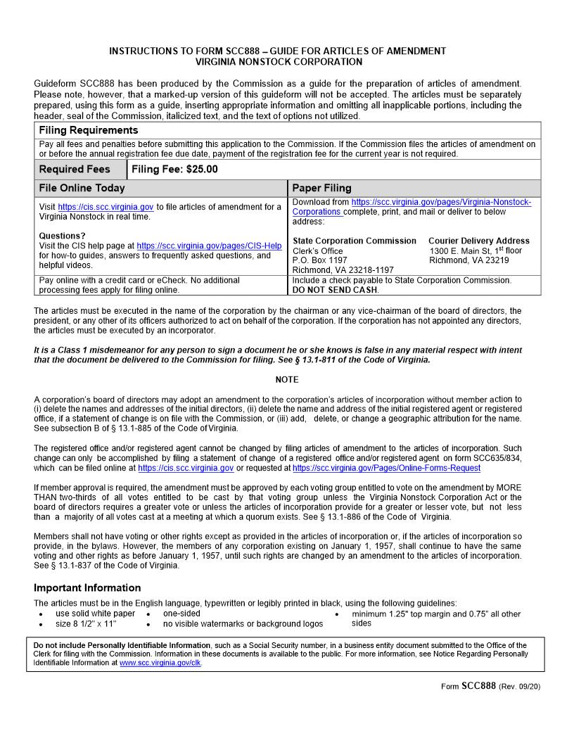 Guide For Articles Of Amendment Nonstock Corporation {SCC888} | Pdf Fpdf Doc Docx | Virginia