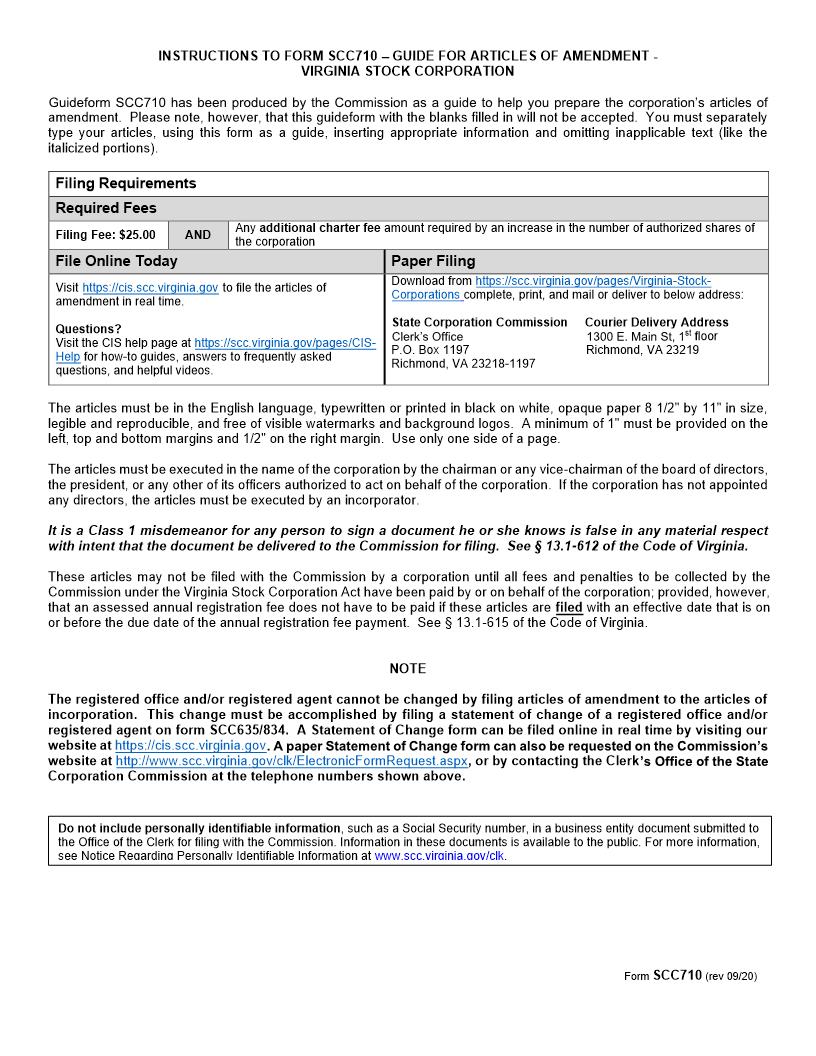 Guide For Articles Of Amendment Stock Corporation {SCC710} | Pdf Fpdf Doc Docx | Virginia