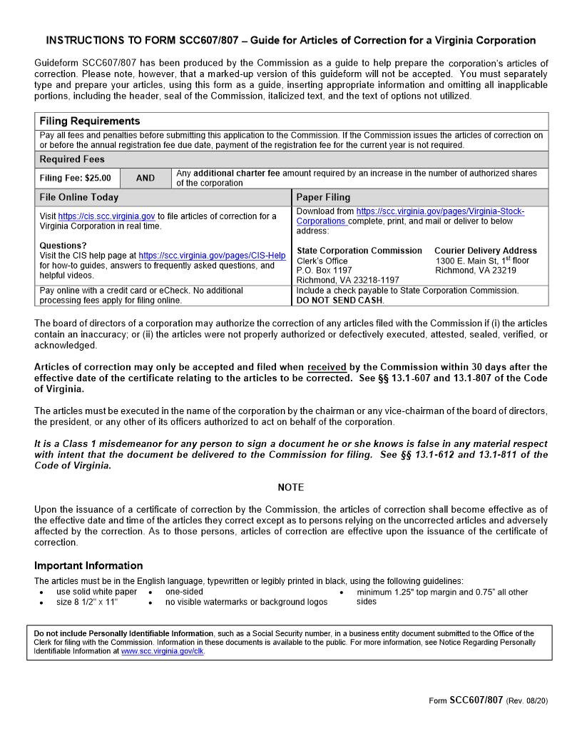 Guide For Articles Of Correction {SCC607-807} | Pdf Fpdf Doc Docx | Virginia