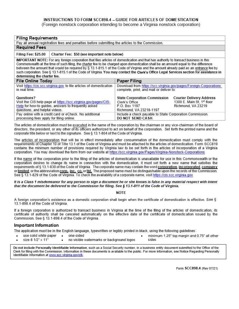 Guide For Articles Of Domestication Foreign Nonstock Corporation To Be Domesticated As A Virginia Corporation {SCC898.4} | Pdf Fpdf Doc Docx | Virginia