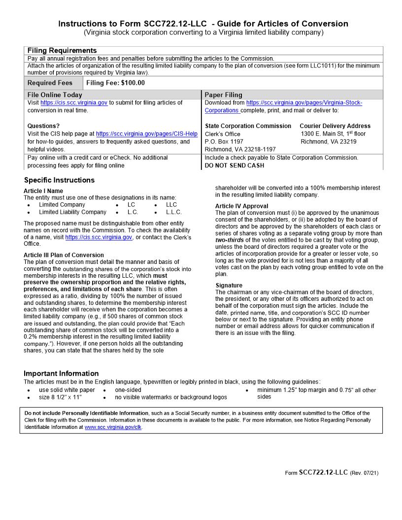 Guide For Articles Of Entity Conversion Virginia Corporation Converting To A Virginia LLC {SCC722.12-LLC} | Pdf Fpdf Docx | Virginia