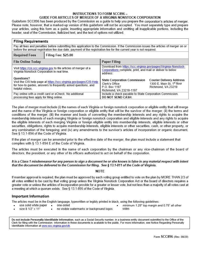 Guide For Articles Of Merger Nonstock Corporation Articles Of Merger {SCC896} | Pdf Fpdf Doc Docx | Virginia