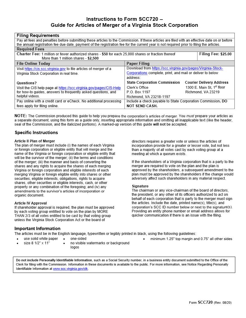 Guide For Articles Of Merger Or Share Exchange {SCC720} | Pdf Fpdf Doc Docx | Virginia