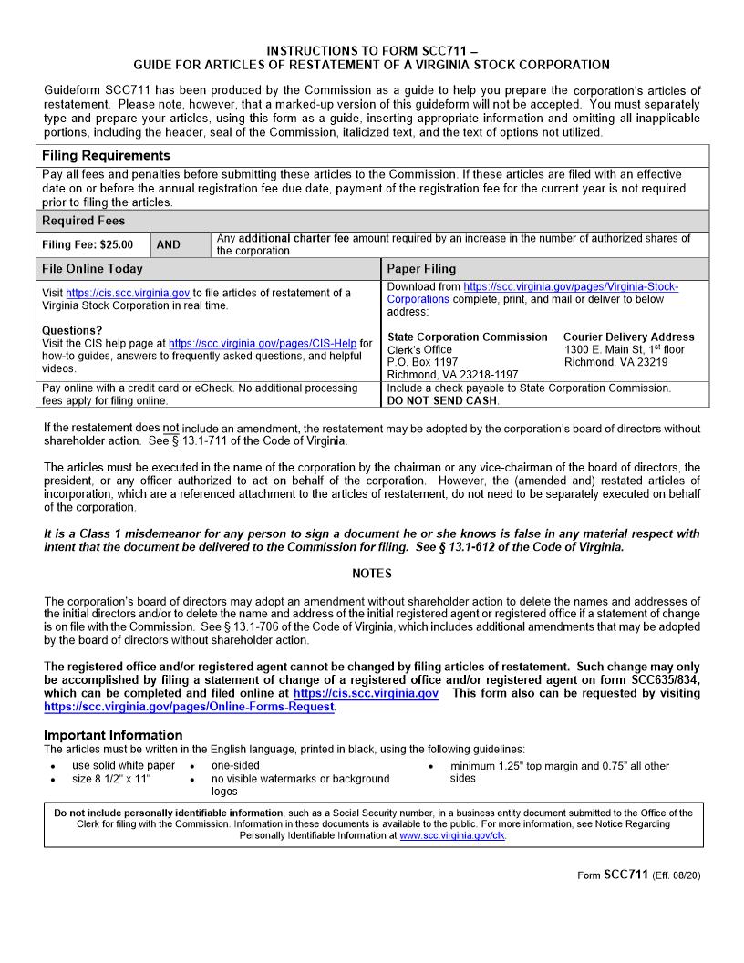 Guide For Articles Of Restatement Of A Virginia Stock Corporation {SCC711} | Pdf Fpdf Docx | Virginia