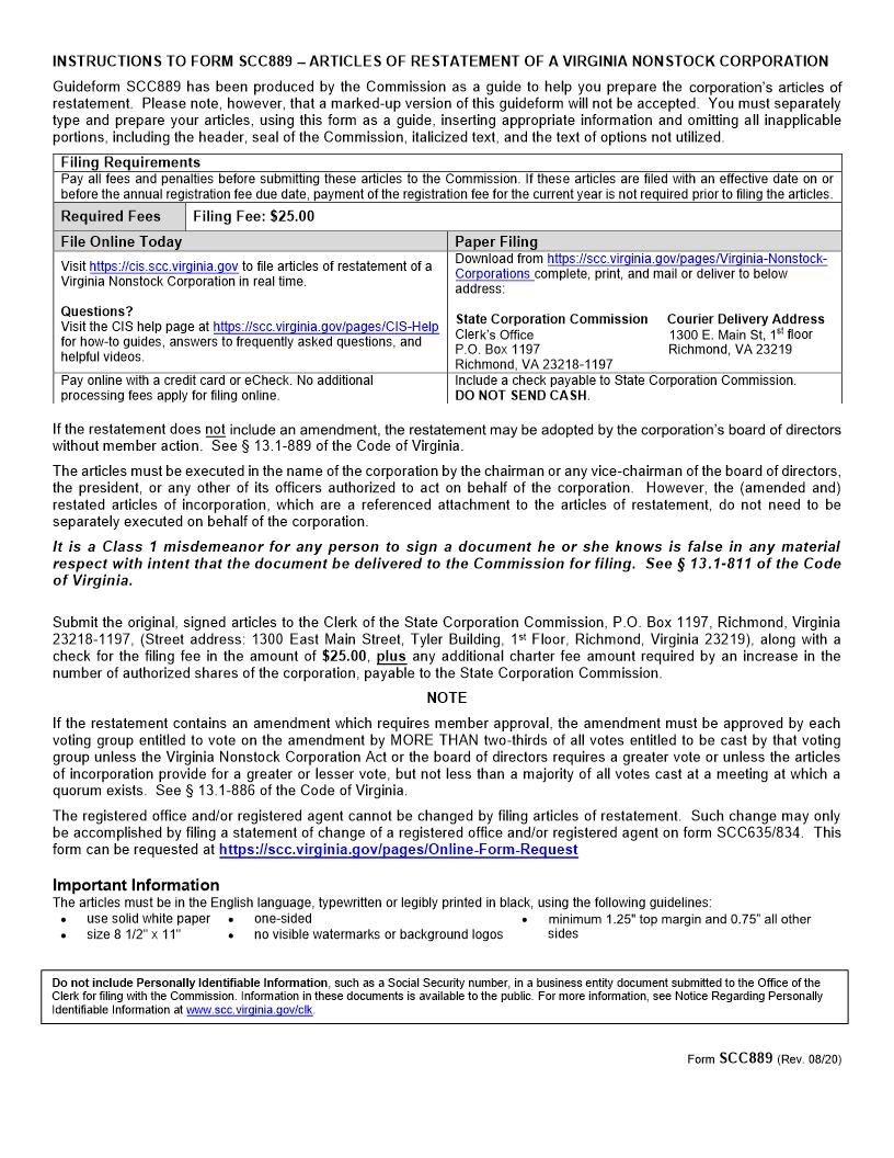 Guide For Articles Of Restatement Of Virginia Nonstock Corporation {SCC889} | Pdf Fpdf Doc Docx | Virginia