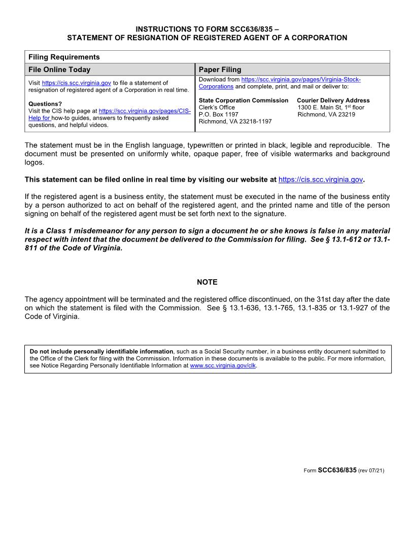 Statement Of Resignation Of Registered Agent {SCC636-835} | Pdf Fpdf Doc Docx | Virginia