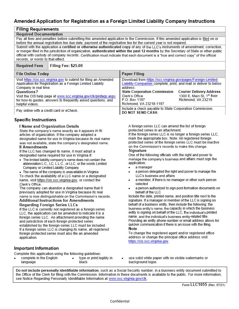 Amended Application For Registration As Foreign LLC {LLC-1055} | Pdf Fpdf Docx | Virginia