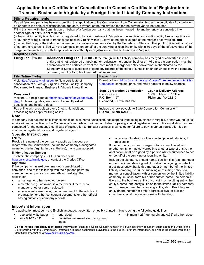 Application For Certificate Of Cancellation (Foreign LLC) {LLC-1056} | Pdf Fpdf Doc Docx | Virginia