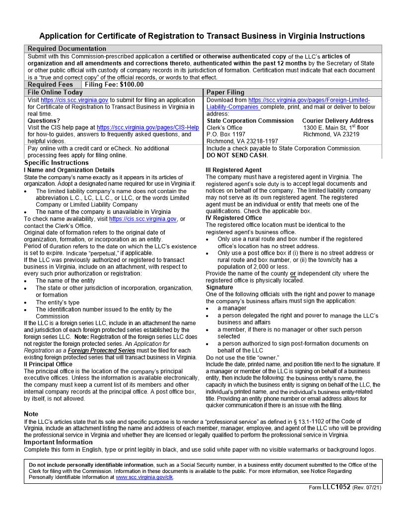 Application For Certificate Of Registration To Transact Business In VA As Foreign LLC {LLC-1052} | Pdf Fpdf Doc Docx | Virginia