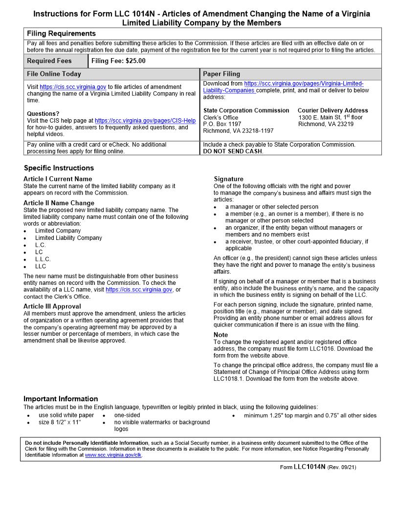 Articles Of Amendment-Changing The Name Of A Virginia Limited Liability Company By The Members {LLC-1014N} | Pdf Fpdf Doc Docx | Virginia