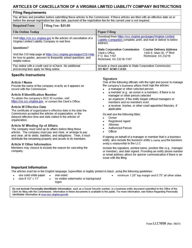 Articles Of Cancellation Of Virginia LLC {LLC-1050} | Pdf Fpdf Docx | Virginia