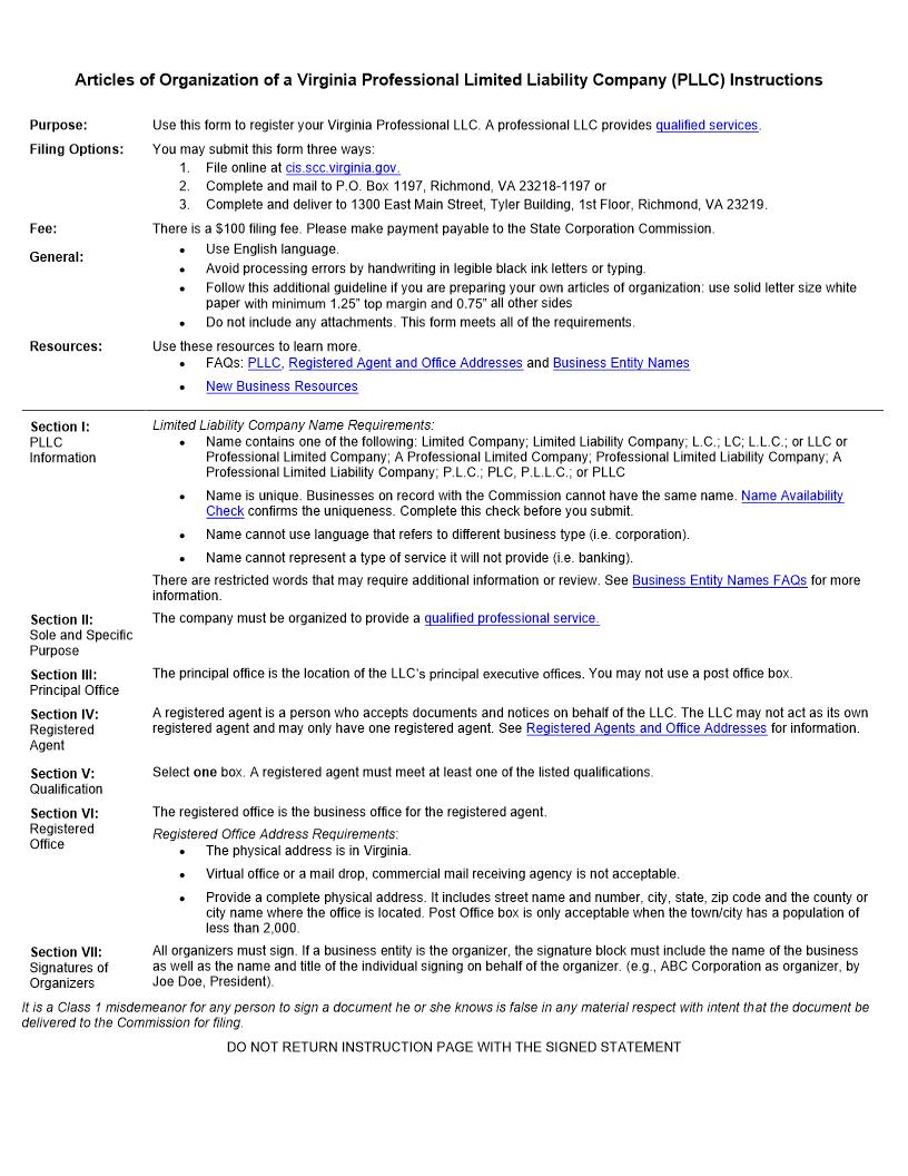 Articles Of Organization For A Domestic Professional Limited Liablity Company {LLC-1103} | Pdf Fpdf Docx | Virginia