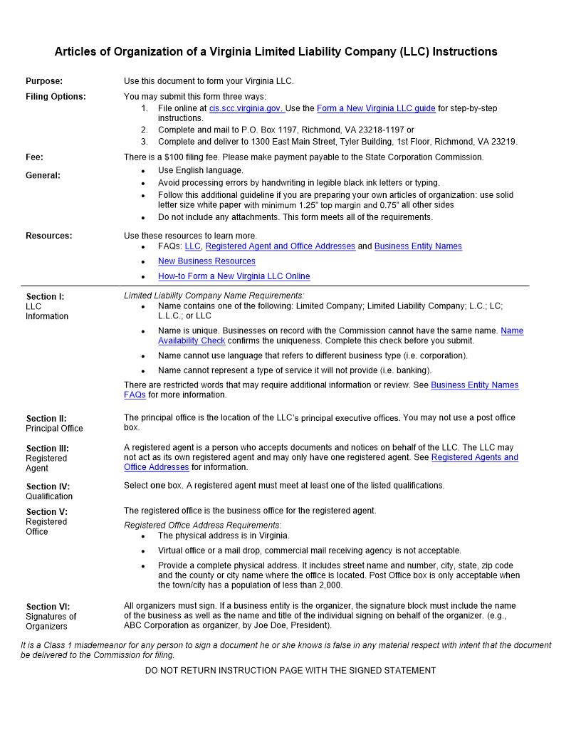 Articles Of Organization Of A Domestic Limited Liability Company {LLC-1011} | Pdf Fpdf Docx | Virginia