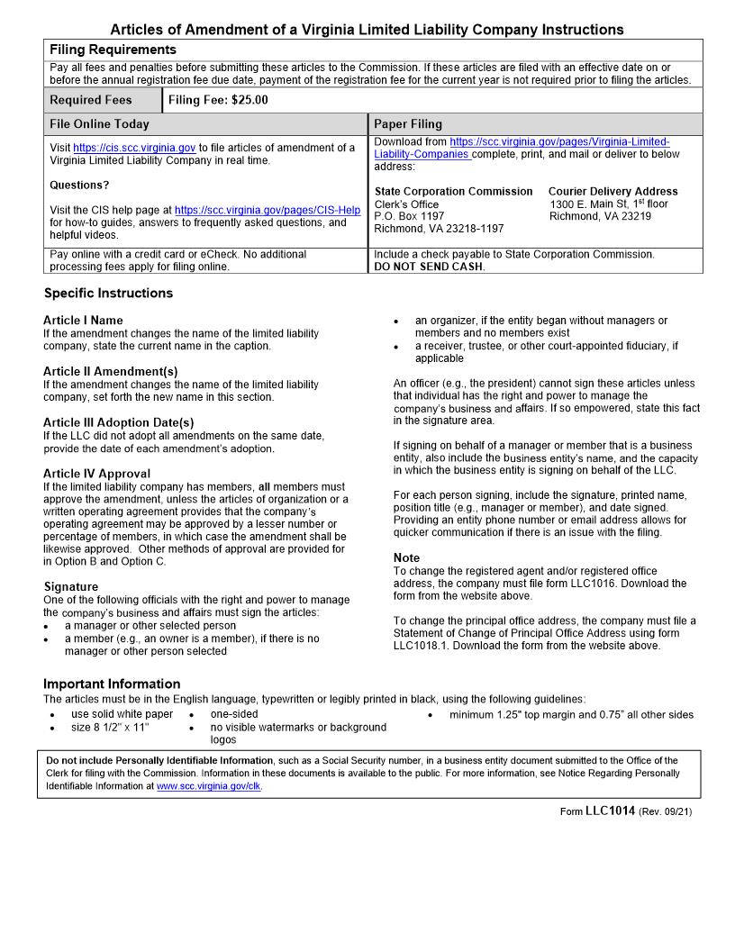 Guide For Articles Of Amendment-Virginia Limited Liability Company {LLC-1014} | Pdf Fpdf Doc Docx | Virginia