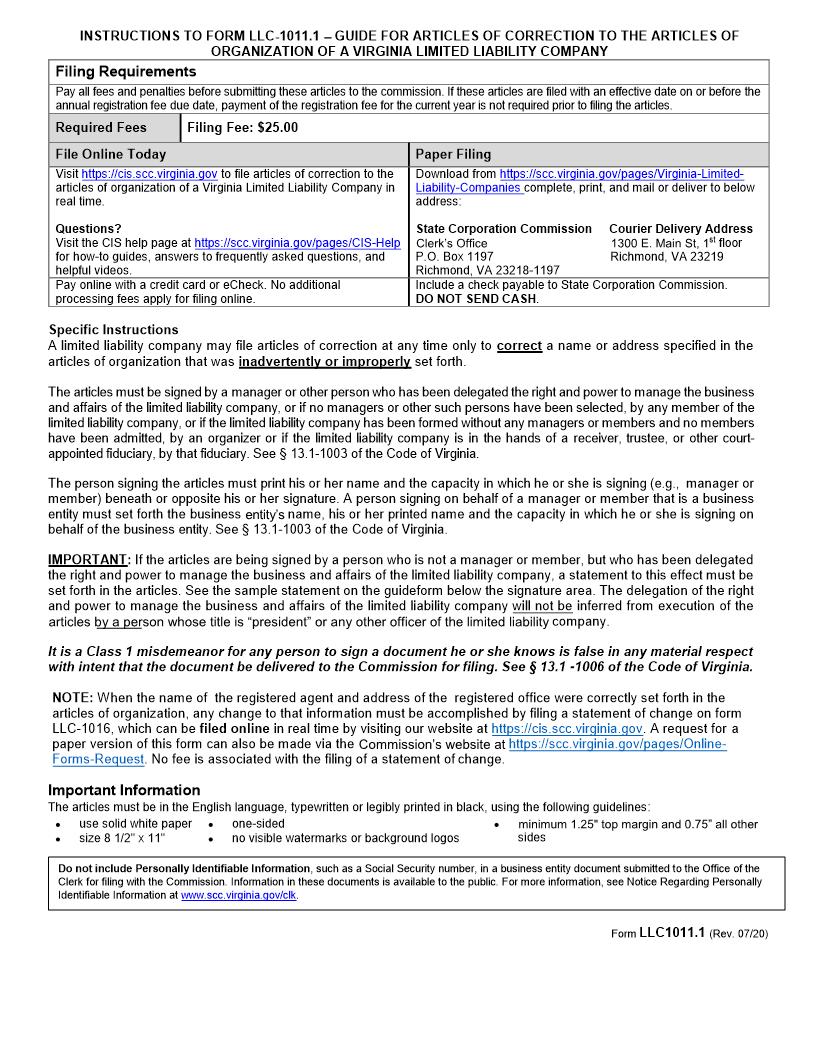 Guide For Articles Of Correction To The Articles Of Organization Of A Domestic Limited Liability Company {LLC-1011.1} | Pdf Fpdf Doc Docx | Virginia