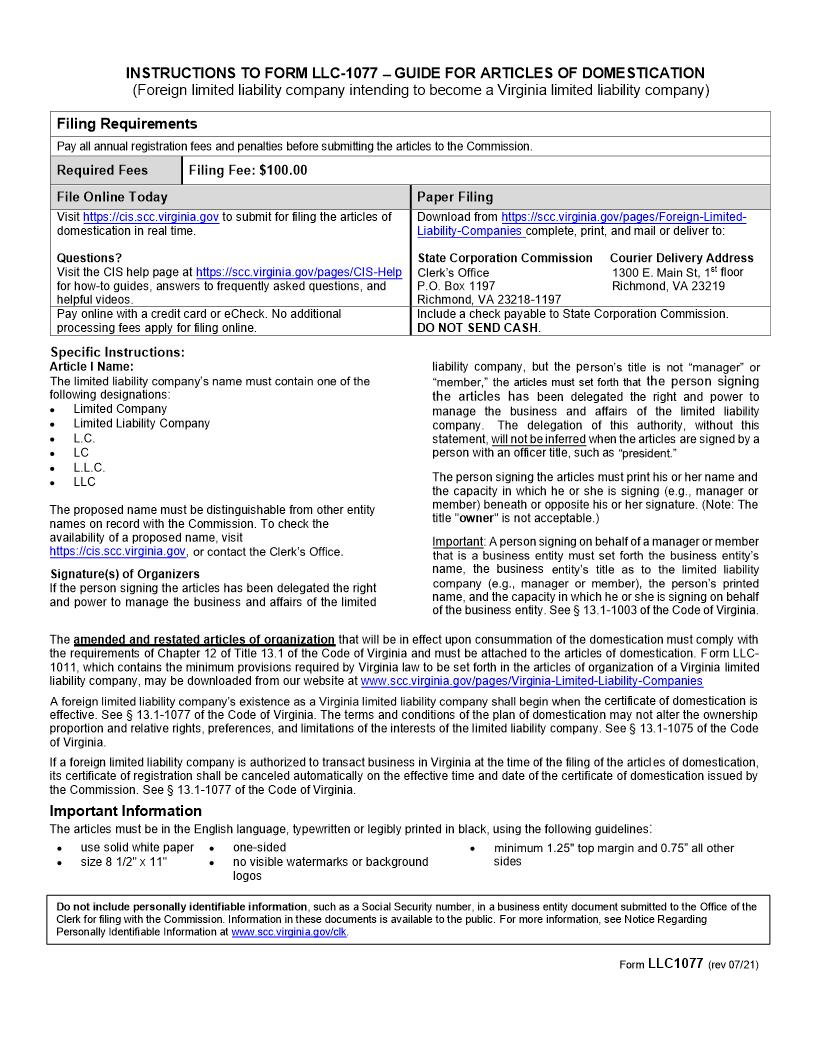 Guide For Articles Of Domestication (Foreign LLC Intending To Become Virginia LLC) {LLC-1077} | Pdf Fpdf Doc Docx | Virginia