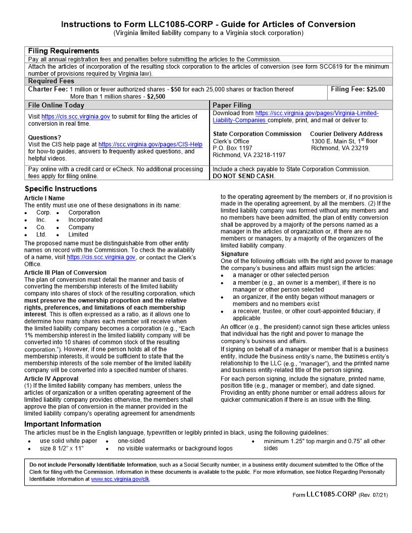 Guide For Articles Of Entity Conversion {LLC 1085-CORP} | Pdf Fpdf Docx | Virginia