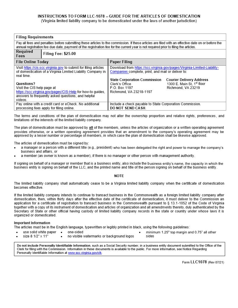Guide For Articles Of Organization Surrender (Virginia LLC To Be Domesticated Under Laws Of Another Jurisdiction) {LLC-1078} | Pdf Fpdf Doc Docx | Virginia