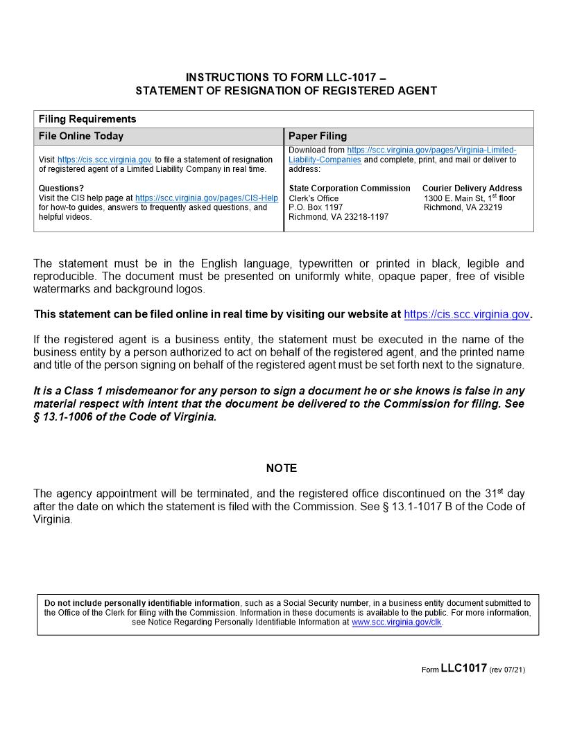 Statement Of Resignation Of Registered Agent {LLC-1017} | Pdf Fpdf Doc Docx | Virginia