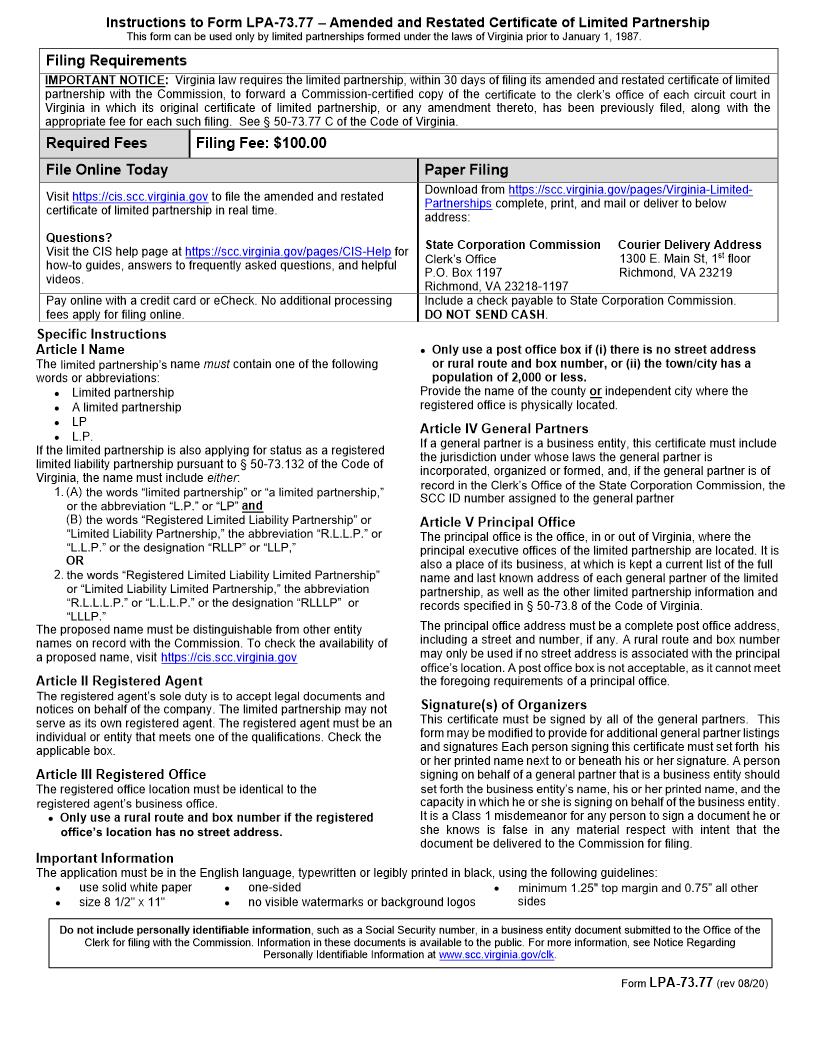 Amended And Restated Certificate Of Limited Partnership {LPA 73.77} | Pdf Fpdf Doc Docx | Virginia