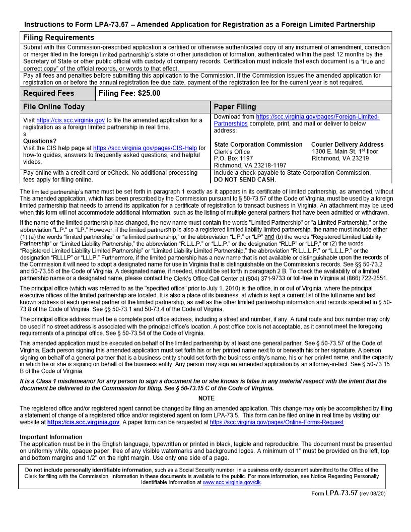 Amended Application For Registration As Foreign LP {LPA 73.57} | Pdf Fpdf Doc Docx | Virginia
