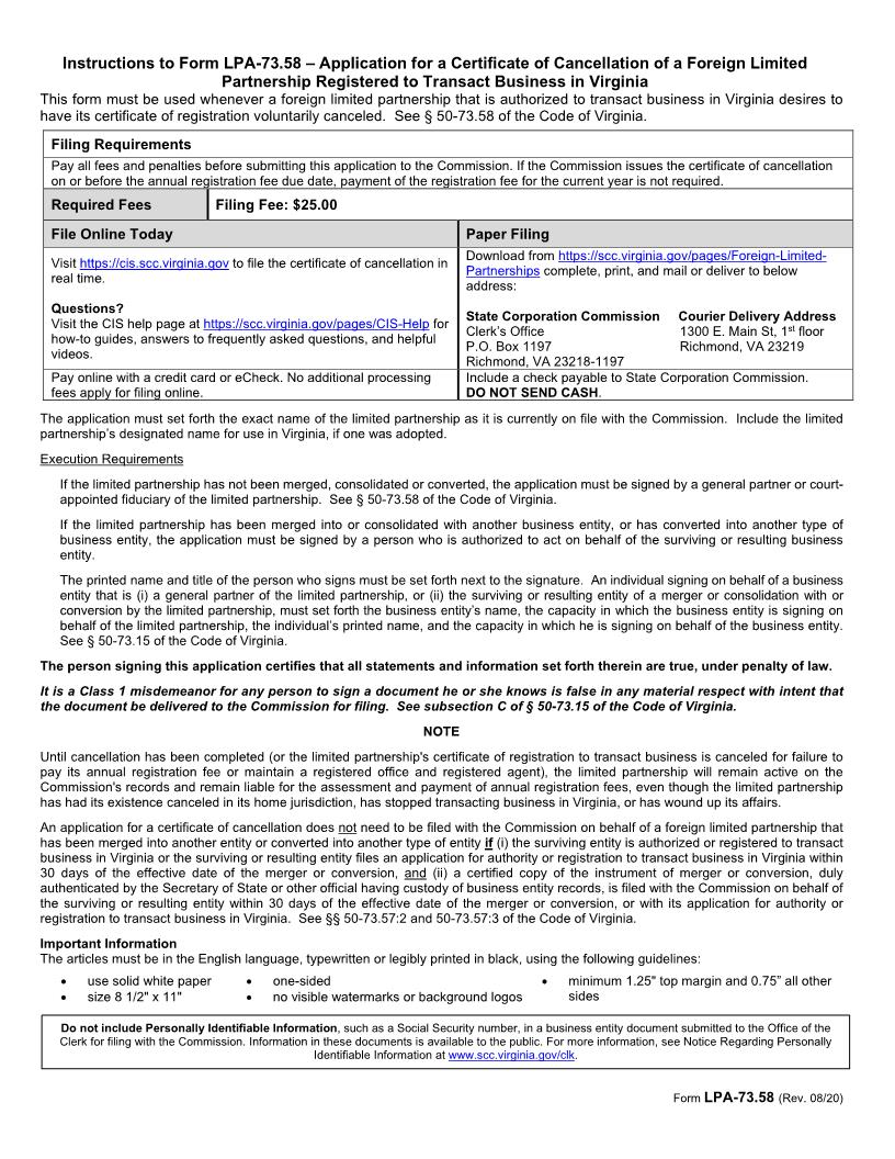 Application For Certificate Of Cancellation (Foreign LP) {LPA-73.58} | Pdf Fpdf Doc Docx | Virginia