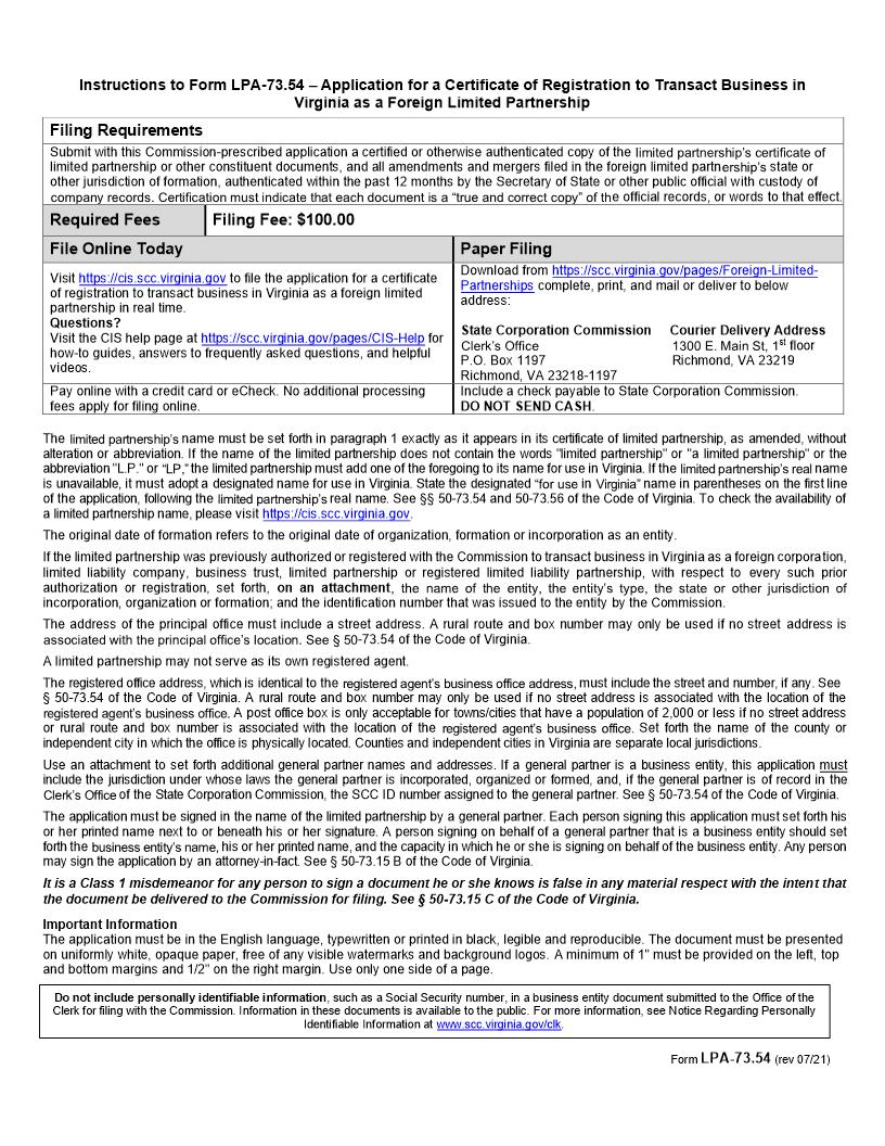 Application For Registration Of Foreign Limited Partnership {LPA-73.54} | Pdf Fpdf Doc Docx | Virginia