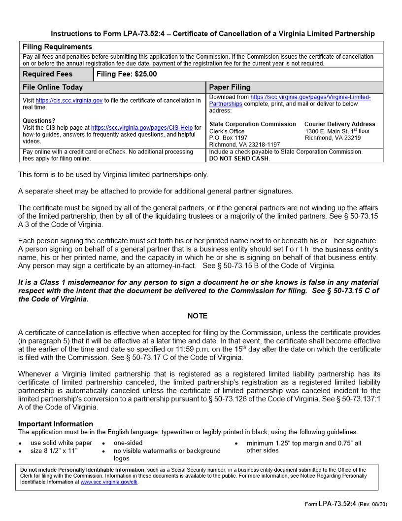 Certificate Of Cancellation Of A Limited Partnership {LPA 73.52} | Pdf Fpdf Doc Docx | Virginia