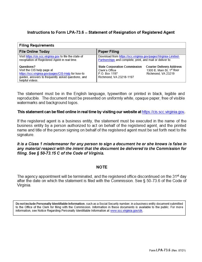 Statement Of Resignation Of Registered Agent {LPA 73.6} | Pdf Fpdf Doc Docx | Virginia