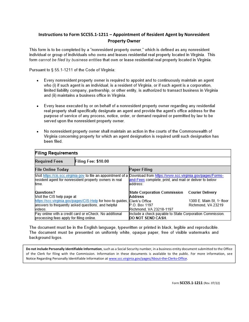 Appointment Of Resident Agent By Nonresident Property Owner {SCC55.1-1211} | Pdf Fpdf Docx | Virginia